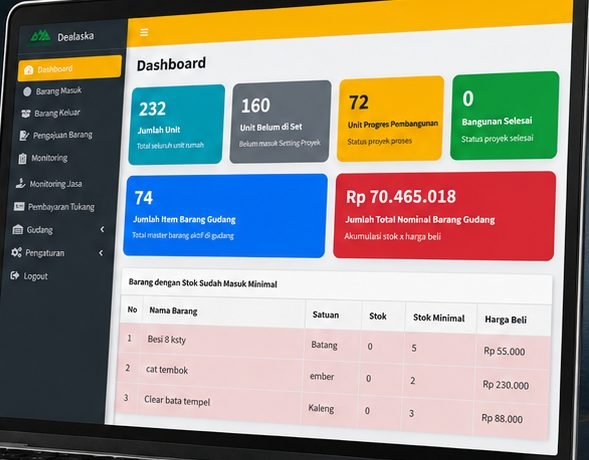 Dashboard kontrol gudang material ProSofia